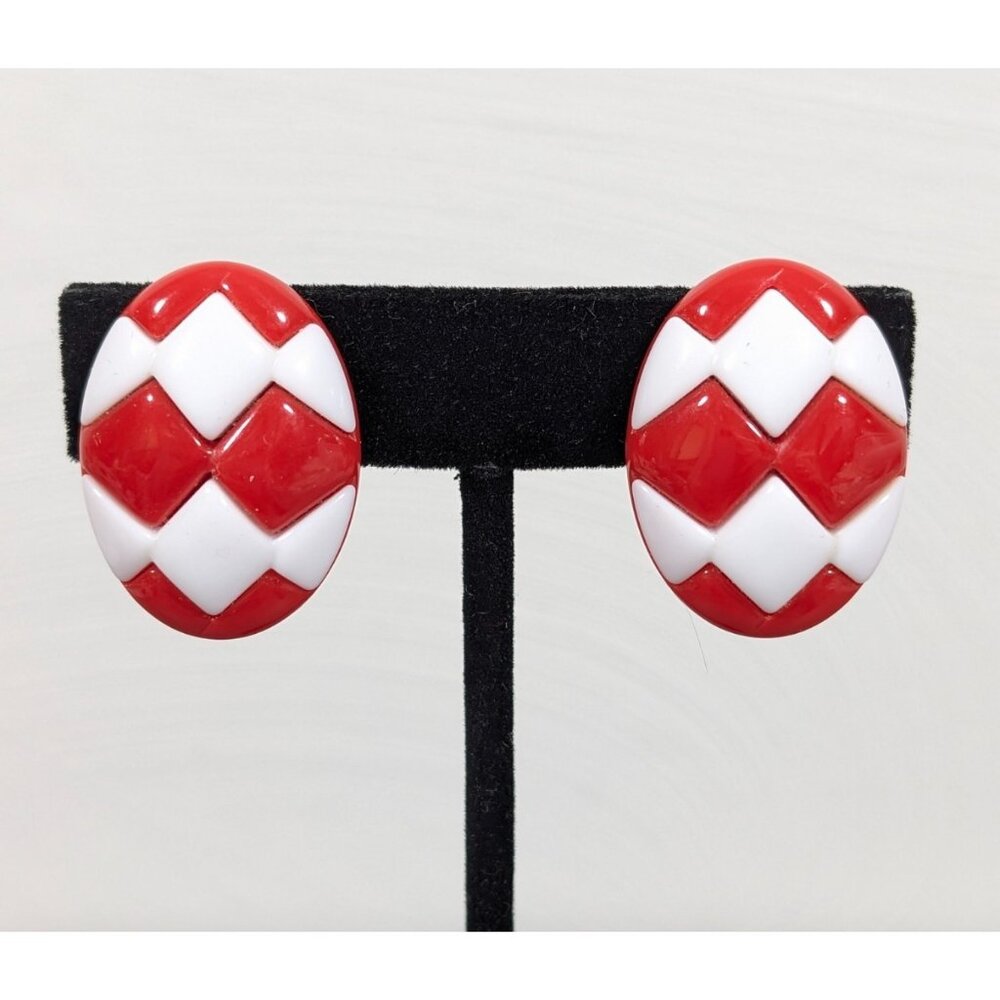 Vintage Avon Sunsations Earring Red White Spectator Clip On Lucite